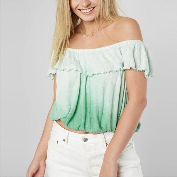 Free People Cora Lee Green and White Off the Shoulder Ombré Top, EUC, Medium - Picture 1 of 13
